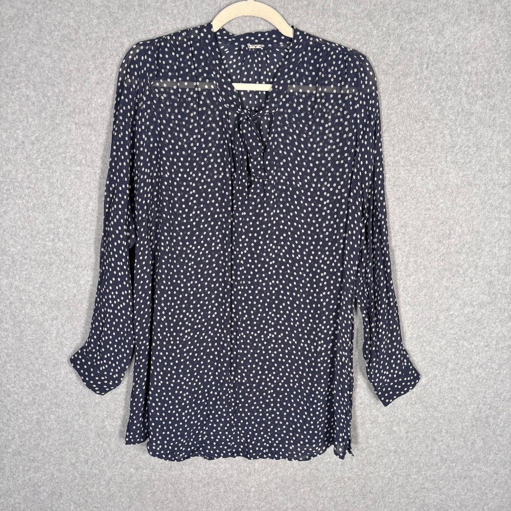 Chan Luu Sheer Tunic Blouse Medium Navy Polka Dot Tie Neck Feminine Romantic
